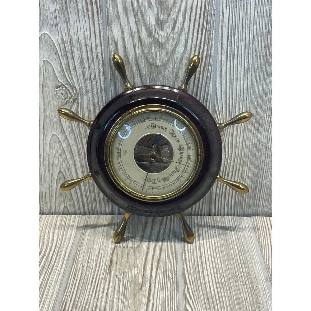 Vintage Barigo Ship Wheel Barometer Made in Germany Brass Wood Nautical Decor